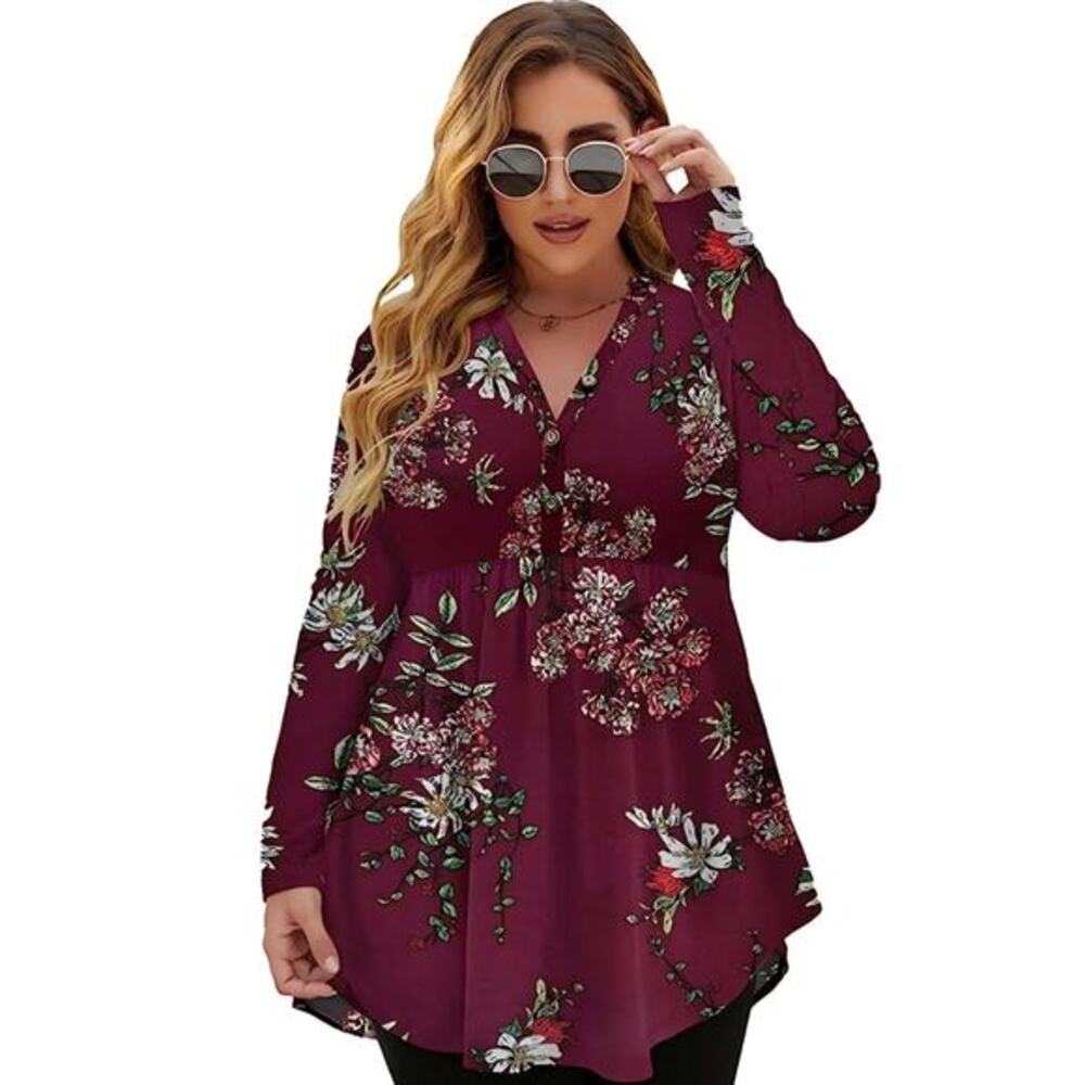 Floral Tunic Baby Doll Henley Top Empire Waist Sz 14 W Plus Burgundy Red Flare